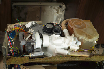   Repair Service. Repairman is opening the old dishwasher machine. Repair service concept. Dishwasher machine repair process.