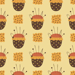 Seamless pattern needle pillow and fabric. Pincushion. Colorful vector illustration hand drawn. Sewing. Wrapping or background