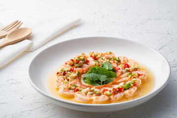 Steamed Shrimp with Lemon spicy sweet sauce.Thai food.Selective focus.