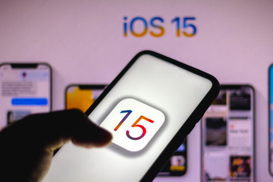 June 8, 2021, 2021, Brazil. In this photo illustration the iOS 15 logo is seen on a smartphone with an Apple logo in the background.