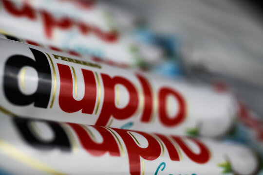 Viersen, Germany - May 9. 2021: Closeup of duplo chocolate bars (selective focus on left part of letter U)