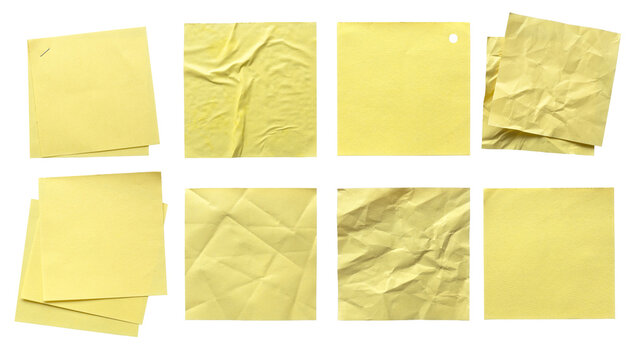 Variety of yellow paper note memo isolated on white background. Copy space. Poster mockup and template. Clipping path.