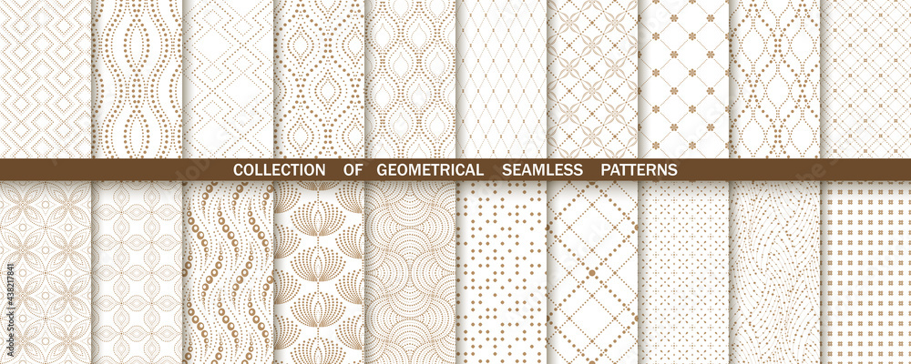 Poster geometric set of seamless gold and white patterns. simple vector graphics