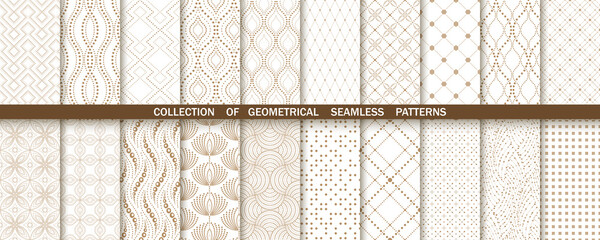 Geometric set of seamless gold and white patterns. Simple vector graphics - obrazy, fototapety, plakaty