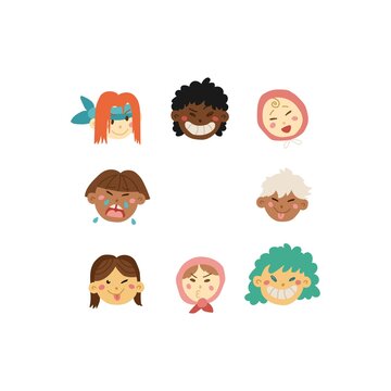 Hand drawn kids faces in line art style, modern minimalism art, bundle of smiling faces of boys and girls with different hairstyles, skin colors and ethnicities