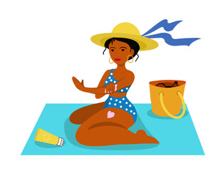 Lady applying sunscreen sitting on beach towel vector illustration