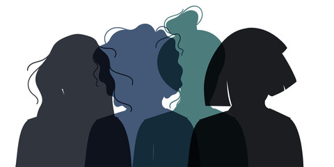 Women Silhouette of different cultures and nationalities standing together. The concept of the female empowerment movement and gender equality.