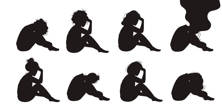 Sitting woman black silhouette. Vector flat illustration.