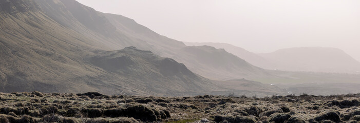 Panoramic view of Hills in lava fields of Iceland - obrazy, fototapety, plakaty