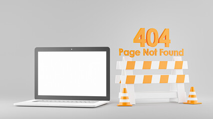 3d render of laptop with error 404 page not found for your mockup design