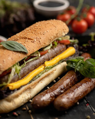 Appetizing hot dog. Bread with sausages, cheese and salad. Hearty burger with sesame seeds, nutritious snack. Close-up shot. Soft focus.
