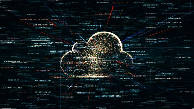 Abstract technical animation of cloud technology and computer science, random moving hash codes and others elements which creating abstract 3D animation of information technology and services