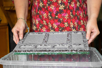Woman holding frame for making paper sheets from waste paper pulp. Selective focus. Decorative and applied art. Recycling concept, ecology.