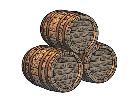 Three stacked wooden barrels for beer, wine, whisky, rum and other alcohol. Hand drawn vector illustrations.