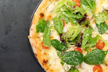 pizza with chicken, herbs, tomatoes and cheese.