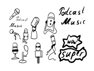 
Microphone podcasts stylized doodle sketch hand drawn textile print. isolated elements on a white background graphic line