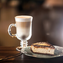 Piece of cheese cake and Latte coffee. Morning Concept. Romantic sweet gift for lovely person. Holiday or festive food concept. Soft focus. Copy space.