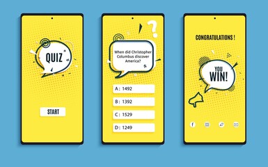 Quiz online game interface in paper cut style. Yellow and black color trivia mobile app papercut art template. UI smartphone application design. Set of vector flat screens questionnaire game
