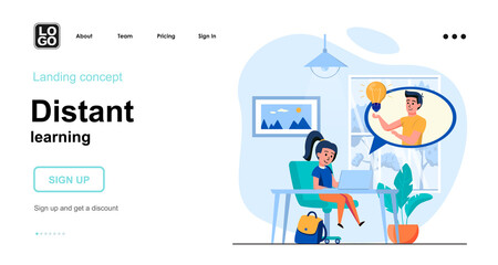 Distant learning web concept. Girl student doing homework, watching video lessons, home e-learning. Template of people scene. Vector illustration with character activities in flat design for website