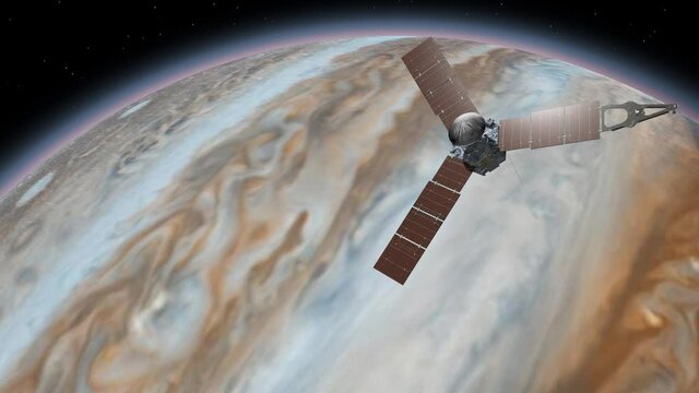 Juno is a NASA space probe orbiting the planet Jupiter. Jupiter Planet Rotating in the outer space. Traveling to planet Jupiter in space. Elements of this video furnished by NASA.