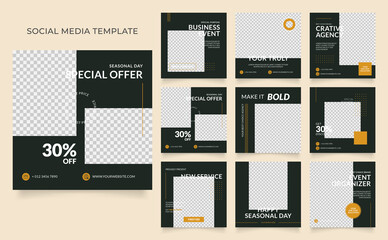 Fototapeta na wymiar social media template banner blog business promotion. fully editable instagram and facebook square post frame puzzle organic sale poster. fresh dark green yellow element shape vector background
