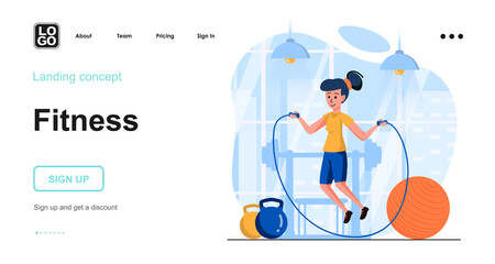 Fitness web concept. Woman is jumping rope in gym. Sport exercising, cardio workout, training. Template of people scene. Vector illustration with character activities in flat design for website