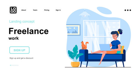 Freelance work web concept. Woman freelancer or remote worker works on laptop sitting sofa at home. Template of people scene. Vector illustration with character activities in flat design for website