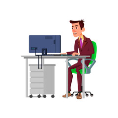 smiling elegant man online communicate with customer on computer cartoon vector. smiling elegant man online communicate with customer on computer character. isolated flat cartoon illustration
