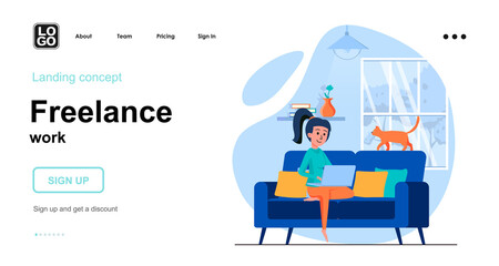 Freelance work web concept. Woman freelancer works on laptop from home office. Remote worker. Template of people scene. Vector illustration with character activities in flat design for website