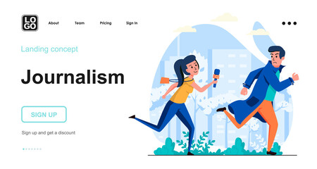 Journalism web concept. Woman journalist running for man to interview. News program, mass media. Template of people scene. Vector illustration with character activities in flat design for website