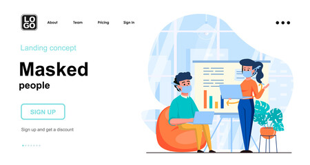 Masked people web concept. Man and woman wearing medical masks in office. Coronavirus prevention. Template of people scene. Vector illustration with character activities in flat design for website