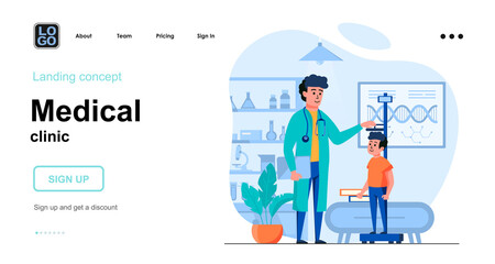 Naklejka na ściany i meble Medical clinic web concept. Pediatrician measures boy height at office. Child patient visits doctor. Template of people scene. Vector illustration with character activities in flat design for website