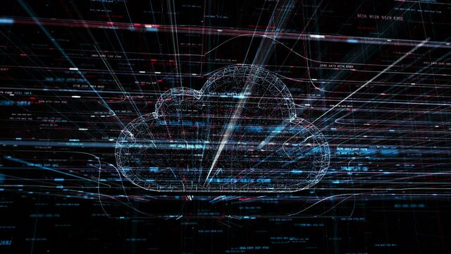 Cloud technology and cloud computing symbol, random moving hash codes and others elements which creating abstract 3D animation of information technology