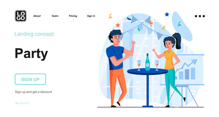 Corporate party web concept. Man and woman employees celebrate holiday. Colleagues drink and dance. Template of people scene. Vector illustration with character activities in flat design for website