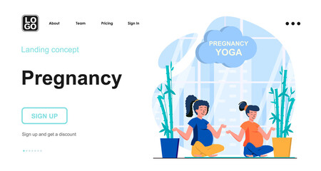 Pregnancy web concept. Pregnant women do yoga, practice lotus position and meditate relaxation. Template of people scene. Vector illustration with character activities in flat design for website