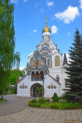 Fototapeta na wymiar The Church of the Savior on Klyazma was built by order of the merchant Ivan Alexandrenko in the neo-Russian style in 1916. Architect Vasily Motylev, Moscow Region, Russia, May 2021.