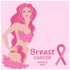 Breast cancer awareness month poster with pink hair girl and pink ribbon on pink background. Vector illustration