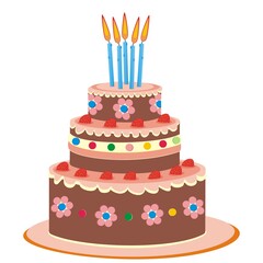 festive cake with five candles, color vector illustration, isolated object	