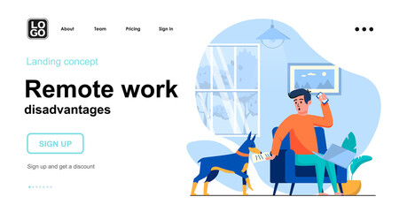 Remote work disadvantages web concept. Freelancer working on laptop, dog interferes and distracts. Template of people scene. Vector illustration with character activities in flat design for website