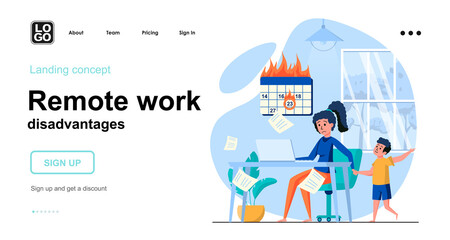 Remote work disadvantages web concept. Woman trying to work, deadline is on, son distracts her. Template of people scene. Vector illustration with character activities in flat design for website