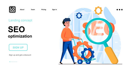 Seo optimization web concept. Man setting up search engine, online promotes website, boost traffic. Template of people scene. Vector illustration with character activities in flat design for website