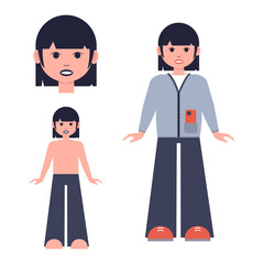 Girl, teenager, human figure template . Head, torso, man in clothes. Cartoon character, doll. Vector illustration isolated on white background