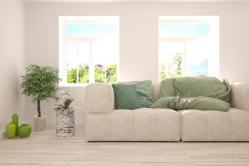 White living room with sofa and summer landscape in window. Scandinavian interior design. 3D illustration