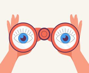 Hands hold binoculars and look through them. Vector illustration for search engine or research, web surfing. Trendy.