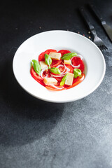 tomato salad and cheese veggie vegetable basil on the table healthy food diet meal snack copy space background rustic. top view vegetarian food