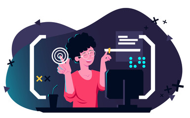 A joyful programmer works in an augmented reality next to a computer