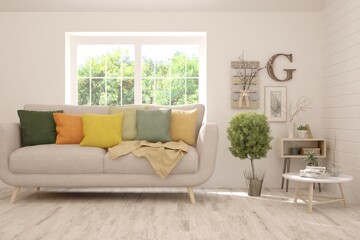 White living room with sofa and summer landscape in window. Scandinavian interior design. 3D illustration