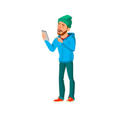 man hipster smiling and sending funny message to girlfriend cartoon vector. man hipster smiling and sending funny message to girlfriend character. isolated flat cartoon illustration