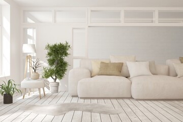 White living room with sofa. Scandinavian interior design. 3D illustration