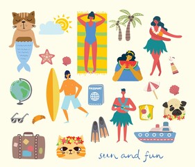 Set of different vector summer people and icons
